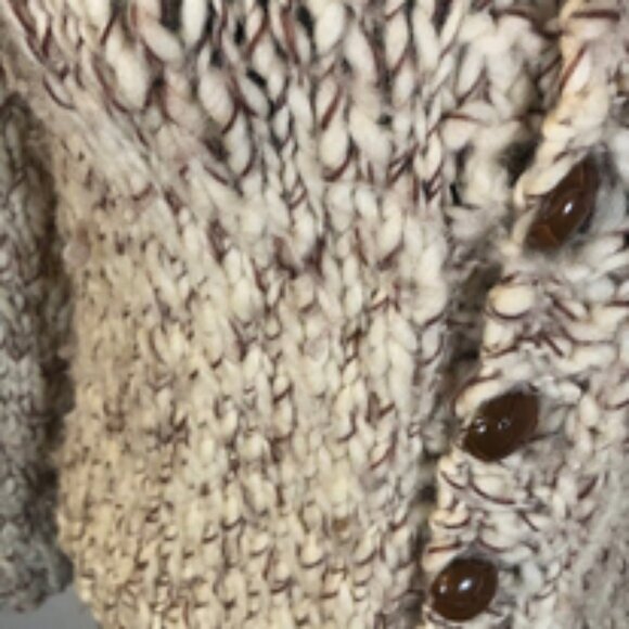 Vintage Handknit Chunky Wool Blend Cardigan — Cream & Chestnut Marled Yarn - Picture 8 of 13